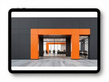 Designer présentant des plans d'aménagement de bureau moderne sur une tablette, lumière studio, composition structurée, sharp studio lighting, high-contrast charcoal and safety orange accents, 35mm.