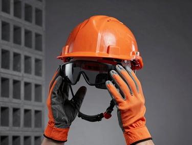 Casque de sécurité orange vif, gants de travail robustes et lunettes de protection, éclairage de studio net, composition architecturale.