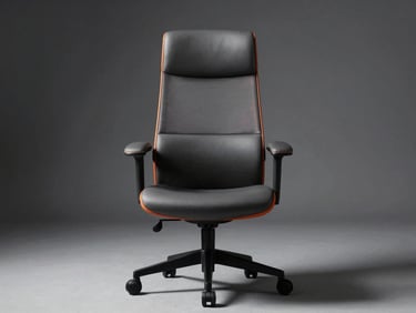 Ergonomic executive chair, modern design, leather upholstery, high-contrast studio lighting, architectural composition.