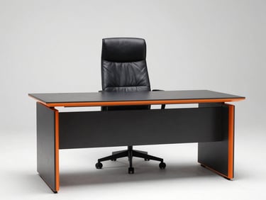 Fauteuil de bureau exécutif en cuir noir dans un bureau moderne, éclairage de studio, composition architecturale, haute contraste.