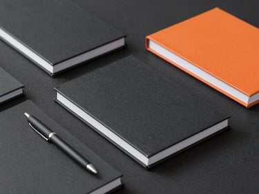 Gros plan de fournitures de bureau premium (stylos, cahiers, classeurs) sur un bureau moderne, éclairage de studio net, composition architecturale.