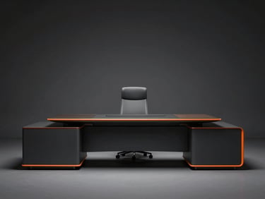 Sleek executive desk, minimalist design, premium materials, high-contrast studio lighting, architectural composition.
