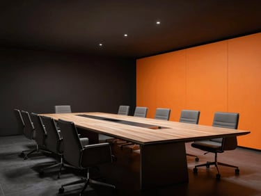 Large modern conference table, minimalist design, comfortable chairs, integrated technology, high-contrast studio lighting, architectural composition.