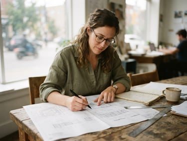 Documentary-style medium shot of a local community planner reviewing architectural blueprints on a wooden table, soft natural window light, muted organic tones.