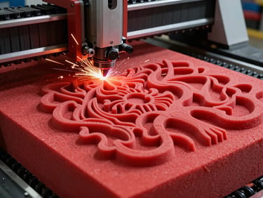 CNC router machine carving a detailed 3D relief into a block of high-density foam, creating complex contours and textures, industrial workshop.