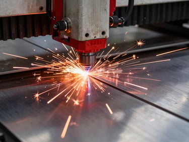 Close-up of a fiber laser cutting machine head precisely cutting a stainless steel sheet, producing minimal dross and a smooth edge, industrial workshop lighting.