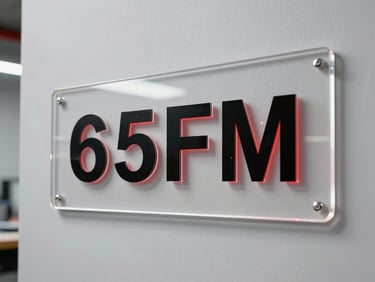 Clear acrylic signage with precisely laser-cut black text, mounted on a light gray office wall. The edges are perfectly smooth and polished, reflecting minimal light. Bright, clean workshop daylight, sharp details.