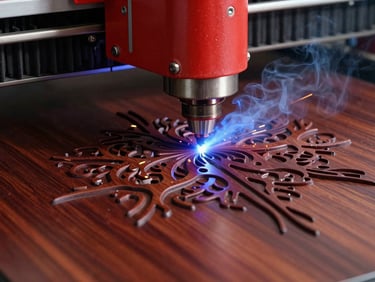 CO2 laser cutting head engraving a detailed organic design onto a polished dark wood panel, soft blue laser glow, clean smoke extraction, precise focus