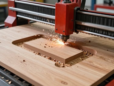 CNC router machine cutting a large wooden panel into a complex 2D shape, wood chips flying, precise and clean cut, industrial setting.