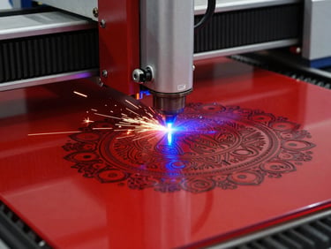 CO2 laser cutting machine precisely engraving intricate patterns onto a thick acrylic sheet, bright blue laser light visible, clean and detailed cut, workshop environment.