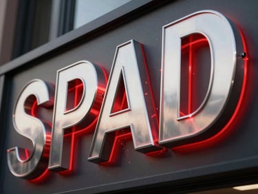 Close-up of polished stainless steel 3D raised letters, with subtle red LED backlighting, mounted on a dark facade. The edges are sharp and clean, reflecting ambient light. Dynamic industrial photography, high-contrast lighting, vivid red and metallic tones, sharp details.