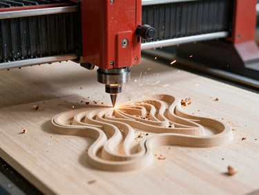 CNC router spindle carving a complex 3D wave pattern into a thick MDF board, wood shavings flying, bright workshop daylight, sharp focus on the carving bit