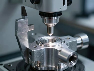 A coordinate measuring machine probe calibrating a complex machined aluminum aerospace component, high-contrast industrial lighting, cool metallic silver tones