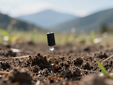 Macro shot of a drip irrigation emitter watering soil at the base of a plant, water droplets visible, crisp focus