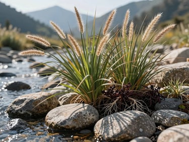 Macro shot of native ornamental grasses and deep-root perennials nestled in local river stone, sharp focus, morning light
