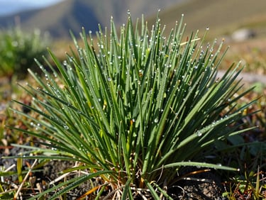 Close-up of healthy, deep-green high-altitude turf grass in morning dew, sharp focus, natural earth tones