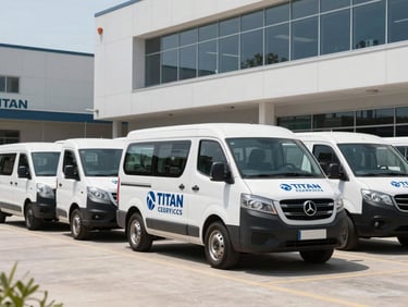 Branded Titan Cleaning Services fleet vehicle parked outside a modern municipal building, bright daylight, clean industrial environments, sharp focus, professional corporate tones, 35mm