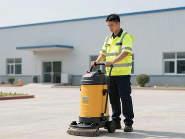 Medium shot of a uniformed team member in high-visibility safety gear operating heavy-duty industrial cleaning equipment in a secure government facility, bright daylight, clean industrial environments, sharp focus, professional corporate tones, 35mm