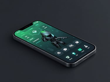 Sleek 3D render of a tactical mobile game UI on a modern bezel-less phone, glowing cyan and electric green highlights, dark slate background