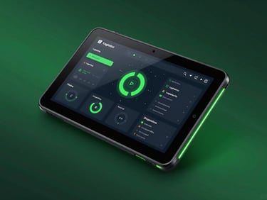 Sleek 3D render of a dark-mode logistics interface on a rugged Android tablet, isometric view, glowing neon green accents, dark high-tech aesthetic