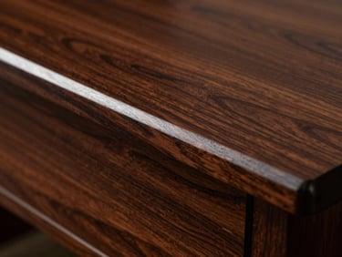 Macro detail shot of the wood-to-resin boundary on a polished rosewood desk surface, shallow depth of field