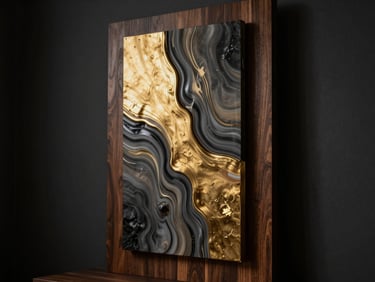 Dramatic low-key studio lighting on a vertical abstract resin wall art panel, gold and charcoal tones