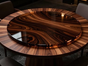 Overhead shot of a round teak wood and dark amber resin dining table in a luxury penthouse, dramatic lighting
