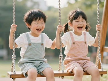 Candid lifestyle shot of two young children laughing and playing on a wooden swing set, wearing soft pastel cotton t-shirts and overalls, warm diffused natural daylight, shallow depth of field.