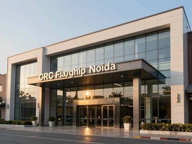 Modern commercial complex CRC Flagship Noida, showing an expansive glass entrance and clean architectural lines under warm golden hour light.