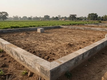 Wide low-angle shot of a pristine, demarcated investment plot in Mathura under crisp morning light, neat boundary stones, green fields in the background