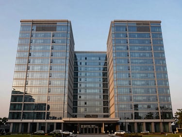 Symmetrical architectural shot of Bhutani Cyber Park in Sector 62 Noida, modern corporate park with reflective glass panels during early golden hour.