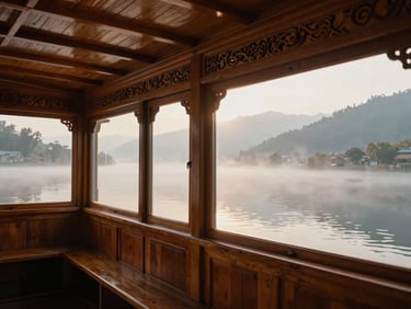 Interior of a premium Kashmiri houseboat with rich wooden carvings, warm morning light streaming through windows overlooking misty waters, 35mm lens.