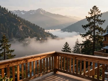 A cozy wooden resort balcony overlooking the mist-covered valleys of Manali, soft golden hour sunlight warming the pine-clad mountains in the background.