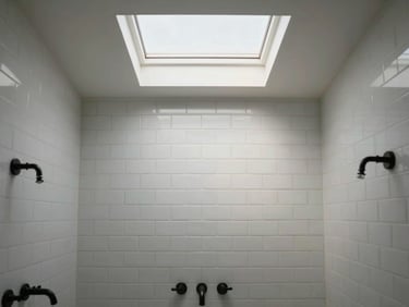 Overhead shot of a renovated bathroom in an LA bungalow, white subway tile surround, matte black fixtures, late-morning light from a frosted skylight above
