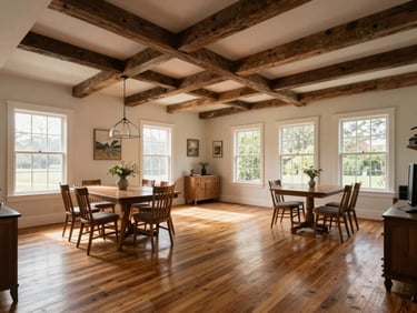 Wide-angle shot of a fully renovated open living and dining area in a Highland Park craftsman, exposed beam ceiling, original hardwood floors refinished, natural light flooding through restored sash windows
