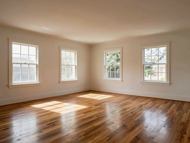 Wide-angle interior of a completely renovated craftsman living room in Los Feliz, original hardwood floors refinished, new plaster walls, afternoon sunlight through original casement windows