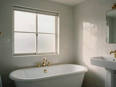 Renovated bathroom in a Santa Monica mid-century home, large-format tile on walls, freestanding tub near a frosted window, soft diffused afternoon light, brushed nickel fixtures