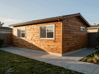 Environmental shot of a completed detached ADU in a Los Angeles backyard, concrete path leading to the unit, warm wood siding, morning daylight casting long shadows across the small structure