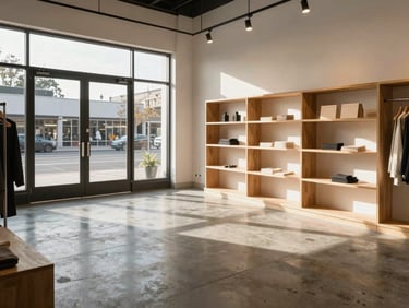 Wide shot of a freshly renovated retail storefront interior in Silver Lake, polished concrete floors, open shelving, warm pendant lights, morning light flooding through large street-facing windows