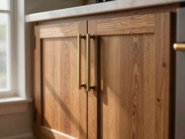 Close-up of freshly installed shaker cabinet doors and brushed-brass hardware in a Los Angeles kitchen, natural morning light from a window at left, warm wood grain visible