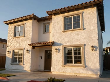 Wide-angle shot of a freshly stucco-finished exterior on a Spanish-style LA home, late-afternoon golden hour light raking across the facade, new windows and trim visible
