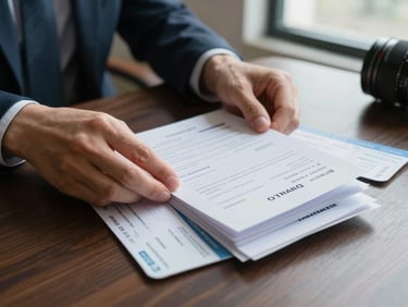 A close-up of hands organizing pristine travel documents and flight tickets on a dark wooden desk, soft side lighting from a window, high-trust professional atmosphere