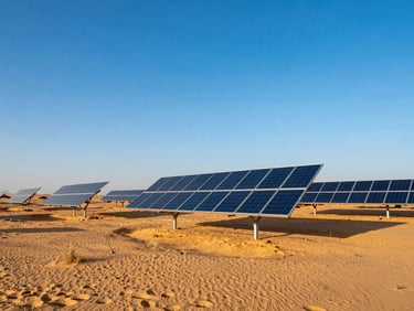 Wide-angle editorial shot of solar panels in the Chadian desert near N'Djamena, warm golden hour light, deep royal blue sky, clean composition.