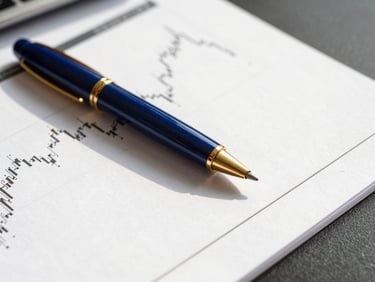Close-up of financial charts and a gold pen on a dark desk, warm side lighting, sharp editorial focus
