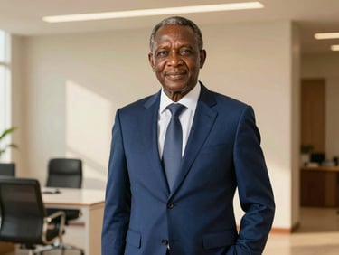 A professional portrait of a senior African male executive in a tailored dark blue suit, warm golden lighting, modern minimalist office background in N'Djamena, corporate editorial style.