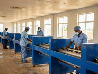 Modern agricultural processing facility in Chad, warm natural light streaming through windows, professional workers in clean uniforms, premium editorial style.