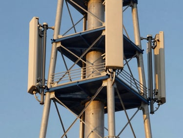 Close-up of a modern telecommunications tower in N'Djamena against a clear blue sky, warm golden sunlight, sharp focus, architectural framing.