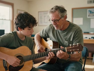 A candid medium shot of an older mentor teaching a teenager how to tune a guitar in a warm community center, soft golden light, 35mm film
