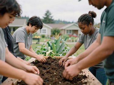 Hands of diverse community members working together on a planting table in a neighborhood garden, earthy tones, 35mm film