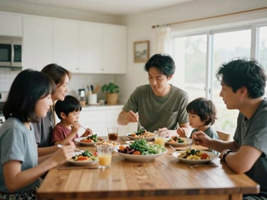 A warm environmental portrait of a family sharing a healthy meal together in a brightly lit kitchen, soft overcast light, 35mm film
